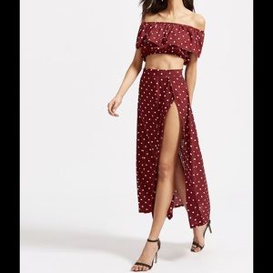 Polka dot ruffle crop top with split skirt
